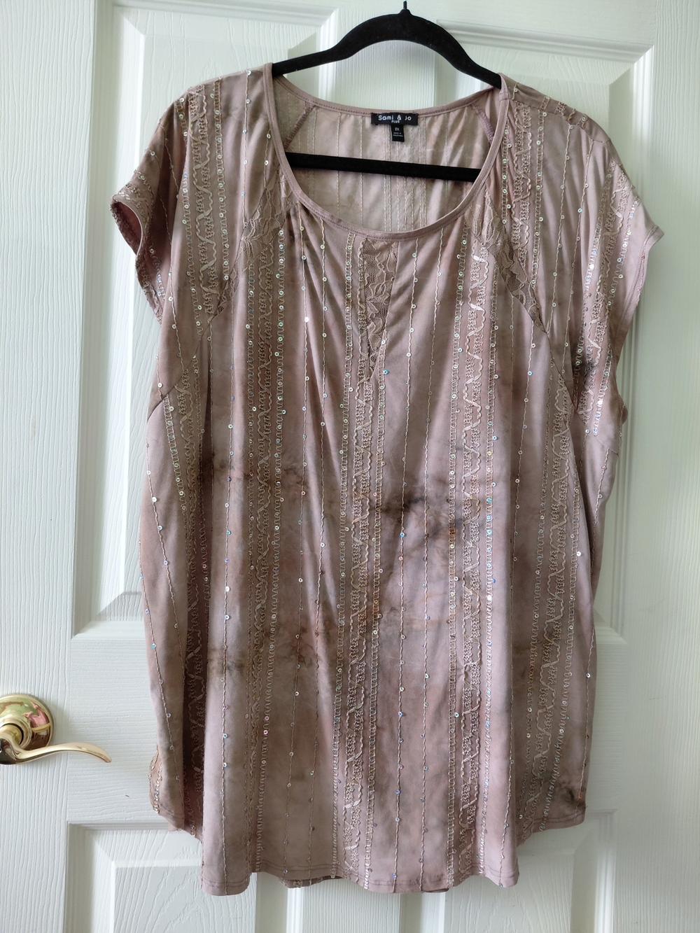 Sami & Jo Women's Embellished Taupe Tie-Die Cap-Sleeve Top Size 2X